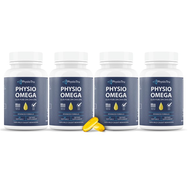 PhysioTru Physio Omega - Omega 3 Supplement - Sustainably Sourced - with DPA, EPA, and DHA - Burpless Fish Oil - 4 Pack