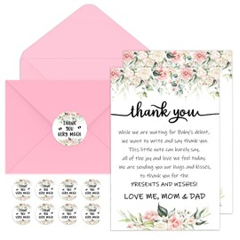 Chuangdi 50 Sets Baby Shower Thank You Cards with Envelopes and Sticker 50 Baby Shower Appreciation Greeting Cards Gratitude Gift for Guest(Flower)