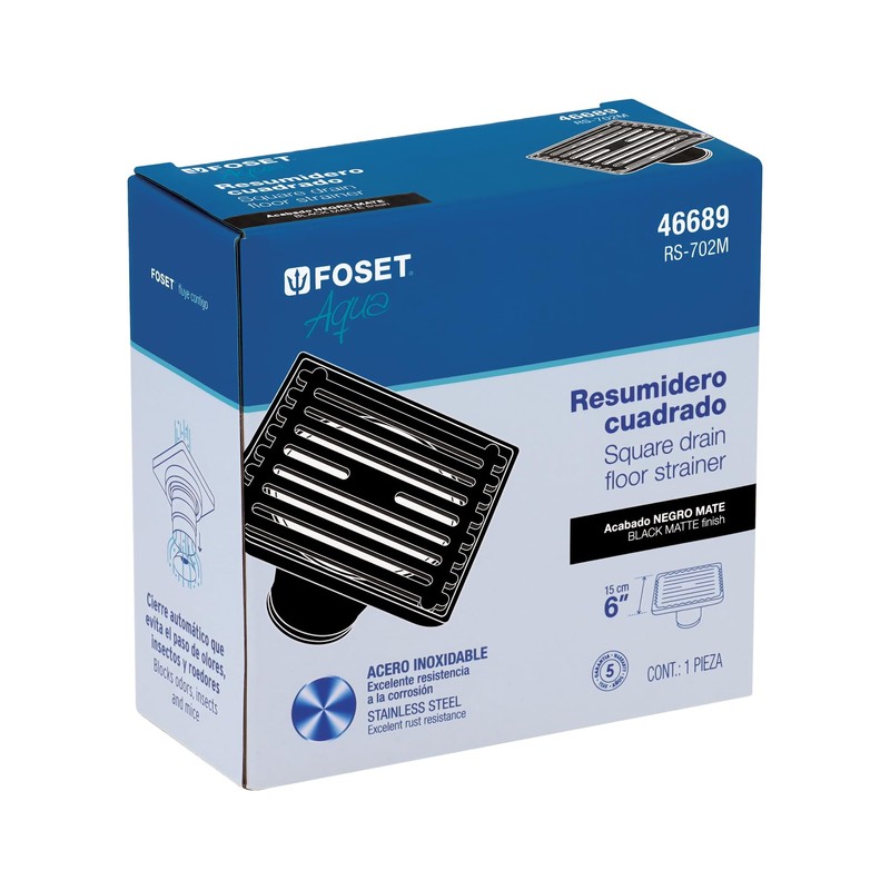 Foset RS-702M, Resumidero cuadrado 6"x 6" acero inoxidable color negro
