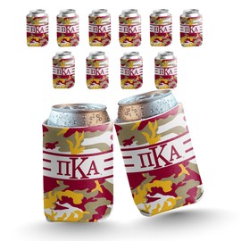 VictoryStore Pi Kappa Alpha Can Coolers – Army Camo Design, Set of 12 – Fraternity Drink Sleeves for 12 oz Cans & 12–16 oz Bottles – Reusable, Waterproof Coolies – Made in the USA