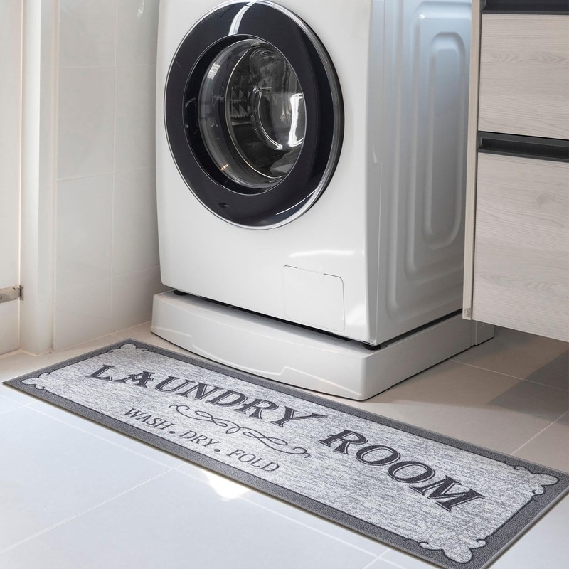 Machine Washable Border Text Design Laundry Room Rug Non-Slip Rubberback