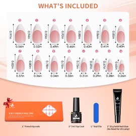150Pcs Almond Nails Tips with Top Coat and Solid Nail Glue No UV Light Needed, Pink French Tip Press on Nails No Need to File Soft Gel Nail Tips Fake Nails Tips for Nail Art DIY 15 Size