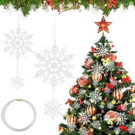 JUNMEIDO 60 PCS Snowflake Hanging Ornaments White Plastic Snowflakes Christmas Tree Pendants Snowflakes Xmas Hanging Snowflake Decorations with Craft Wire for Christmas Tree Party Decor（2/3/4/5 Inch）