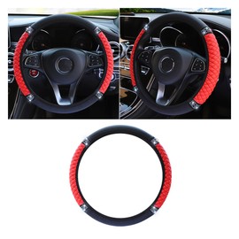Bling Soft Leather Steering Wheel Cover, 15 Inch Colorful Rhinestones Auto Elastic Protector with Crystal Diamond for Women Girls, Car Accessories for Most Cars, SUVs (Red)