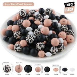 Kovict 100PCS Silicone Beads Bulk, Black Peach Leopard Print Silicone Beads 15mm and 12mm for Keychains and Bracelets Making