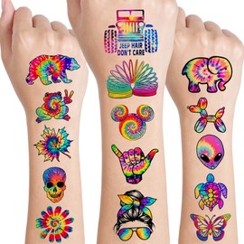 12 Sheets Tie Dye Temporary Tattoos for Kids, Tie Dye Birthday Party Supplies Decorations Cute Colorful Graffiti Fake Tattoos Party Favors for Boys Girls Children Goodie Bag Fillers Party Game Gifts