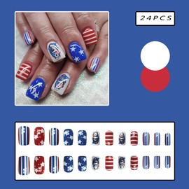 4th of July Press on Nails Short Square Fake Nails USA Patriotic Star False Nails Independence Day Flag Design Stick on Nails Full Cover Acrylic Nails with Glue Glossy Nails for Women and Girls 24Pcs