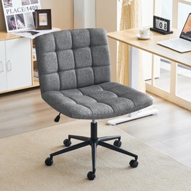 Furnimart Criss Cross Desk Char Wide Seat with Wheels, 360° Swivel Cross Legged Desk Chair Thick Cushion, Comfy Armless Home Office Chair for Bedroom, Vanity, Sturdy (Linen Gray)