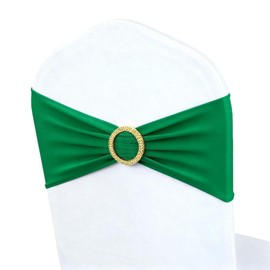 MAGTOWNE 50 Pack Hunter Green Chair Bands Spandex, Emerald Green Chair Sashes with Gold Buckle Slider for Christmas Forest Party Folding Chairs Birthday Décor, Green Chairs Bows