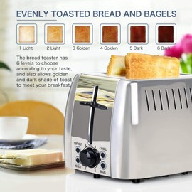 prepAmeal Toaster 2 Slice Stainless Steel Bagel Toaster Extra Wide Slots with 6 Browning Setting, Bagel/Reheat/Defrost/Cancel Function for Toasting Bread, Bagels and Waffles, 750W, Silver