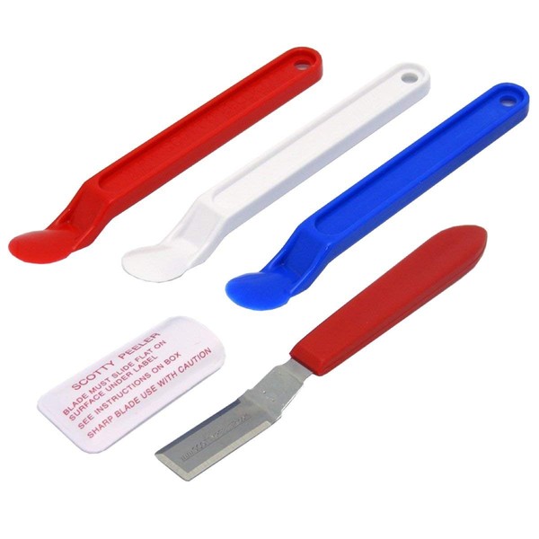 Scotty Peelers Label & Sticker Remover - 3 Plastic Red, White, Blue and 1 Metal Blade with Cover