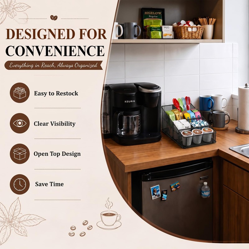 Domensi Mesh Condiment Station with 7 Compartment, Break Room Coffee
