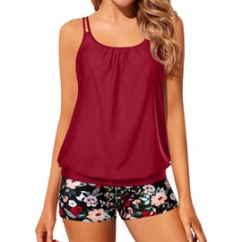 Tempt Me Red Floral Women Two Piece Tankini Swimsuits Blouson Modest Swim Top Boyshort Bathing Suits XL