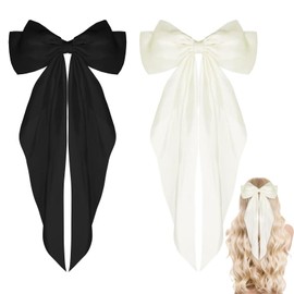 Hair Clips with Big Bow Soft Silky Satin Hair Clip Long Tail French Ribbon Hairpins 90s Bowknot Clips for Party Christmas Women (Black+Beige)