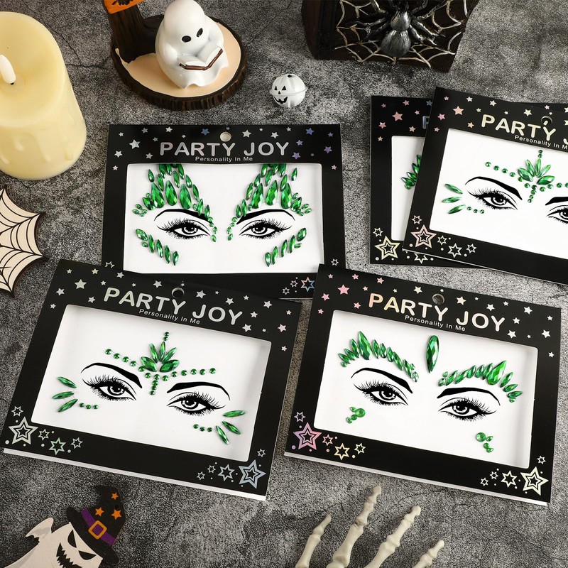6 Pcs Green Face Gems Jewels Halloween Ivy Stickers Accessories