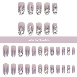 Long Luxury 3D Bling Glitter Pink Nude Fake Nails with Rhinestones French Sharp Pointed Finger Press on Nail Kit Acrylic Nail Tips, 24 Pieces