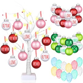 VIHOSE 24 Inch Lighted Birch Tree with 2.36" Seasonal Hanging Ornaments, 12 Valentines Day Ornaments 12 St Patricks Day Ornament 12 Easter Ornament, Artificial Tree for Table Home Party(37 Pcs)