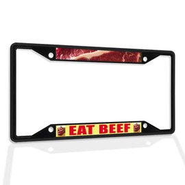 Fastasticdeals Metal Insert License Plate Frame Eat Beef Ing with Slice Picture Weatherproof Car Accessories Black 4 Holes Solid Insert