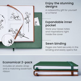 ARTEZA Dotted Notebook, Pack of 2, 15.2 x 20.3 cm, 96-Sheet Hardcover Journals, Hunter Green and Saddle, with 80-gsm Smooth Writing Paper for Bullet Journaling & Note Taking, White