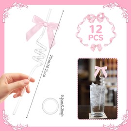 12Pcs Pink Bow Reusable Straws Set with Charms Coquette Birthday Decorations Cute Bow Theme Party Supplies for Bachelorette Bridal Baby Shower Engagement Tea Party Favors Decor Gifts