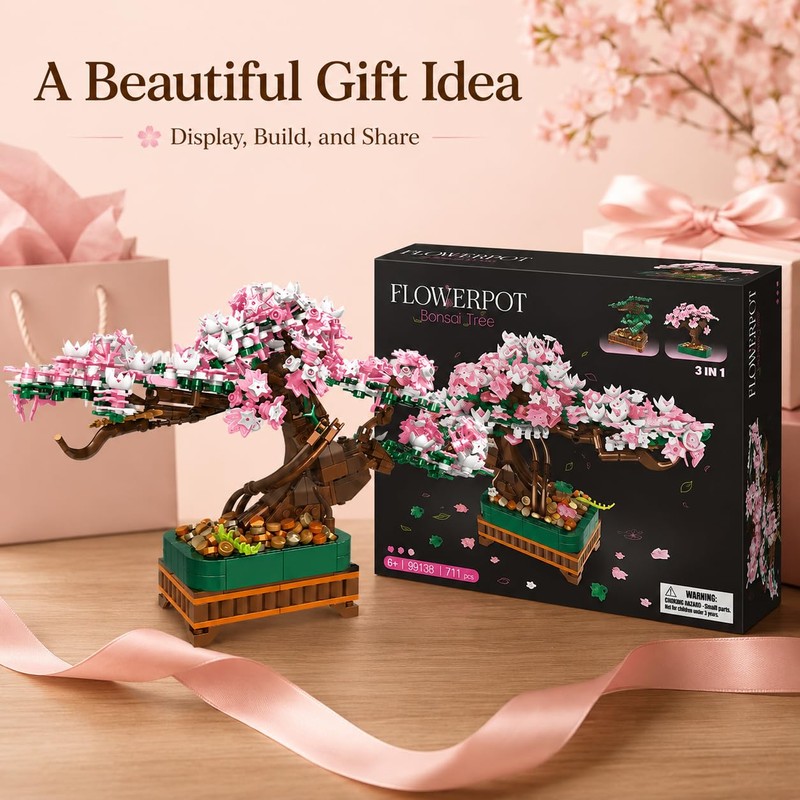 NEWABWN 3-in-1 Cherry Blossom Bonsai Tree Building Set, 711 Pieces