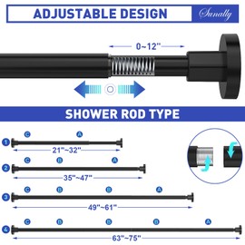 SUNALLY Shower Curtain Rods 32 to 75 Inch, Shower Tension Rod No Drilling Adjustable Shower Rods for Bathroom Non-Slip Stainless Steel Telescoping Shower Bar for Curtain, No Rust, Black