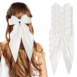 6pcs Large Silky Satin Hair Bow Barrettes with Long Ribbon Tail, White Hair Bow Slides, Perfect for Weddings, Parties, and Women's Hair Accessories