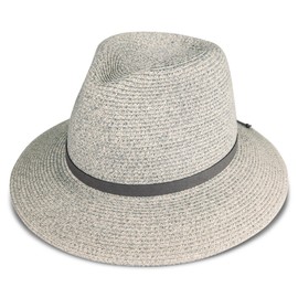 Lucky Brand Women's Summer Straw Wide Brim Boater Panama Adjustable Hat (One Size Fits Most), Leather Tie - Gray, One Size
