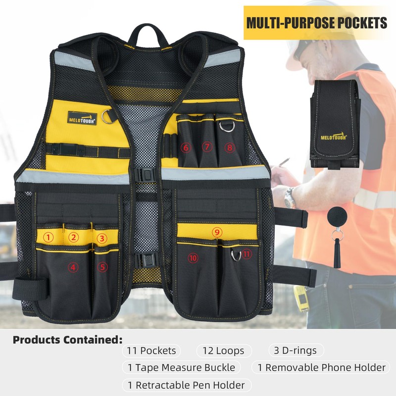 MELOTOUGH Tool Vest Reflective Safety Tool Vest with Removable Phone
