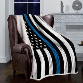 Untra Soft Sherpa Fleece Blanket, Blue Line Flag American Police Flag Honoring Law Enforcement Officers Fuzzy Blankets Warm Thick Reversible Throw Blanket for Bed Sofa Couch Living Room 49'' x 79''