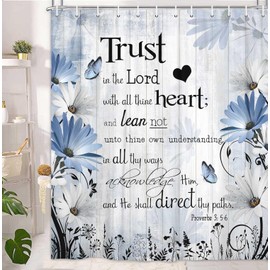 Bible Verse Inspirational Quote Shower Curtain, Blue Floral Daisy Trust in The Lord Waterproof Fabric Shower Curtain, Rustic Farmhouse Butterfly Bathroom Shower Curtain with 12PCS Hooks, 70X70IN