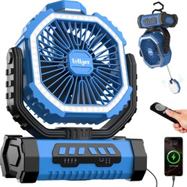 lollyes Portable Fan, AI Outdoor Rechargeable Camping Fan with Light, 20000mAh Battery Powered, 360° Rotating Hook, 4 Speeds for Indoor, Traveling, Tenting, RVing, Fishing, Beach (Blue)