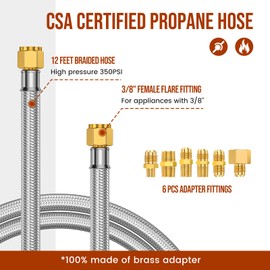 12ft Propane Hose Extension for Propane Appliances Equipped with 3/8" Male Flare - with 6 Adapters 1/8" 3/8" 1/2" 1/4" NPT Male, for Gas Grill, RV Application, Heater, Burner, etc. Flexible and Sturdy