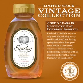 Smiley Honey, Barrel Aged Tupelo Honey, Vintage 2020, Aged 5 Years in Kentucky Owl Bourbon Barrels, Exclusive Run (16oz, Barrel Aged Tupelo Honey)