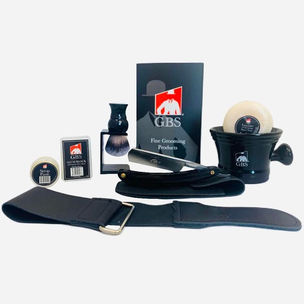 G.B.S Stylish Shaving Set - Shave Ready Straight Razor, Honing Sharpening Strop, Leather Case for Straight Razor, Ceramic Mug, Synthetic Brush with Stand, Alum & Shaving Soap, Black