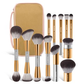 MAANGE Makeup Brushes 12 Pcs With Bag, Multi-functional Makeup Brushes Set for Dual-Head Contour Powder Blush Foundation Blending Eyeshadow Make up Brushes Set (Silver Gold, 12 Piece+1 bag)