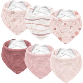 Susurration Muslin Baby Drool Bibs 6Pack Soft Triangular Adjustable Baby Bandana Bibs for Unisex Girls & Boys (Pink Print)