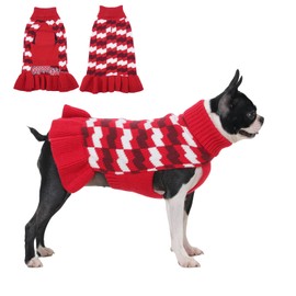 OUOBOB Dog Sweaters for Medium Dogs Girl, Dog Sweater Dress with Leash Hole, Thick Turtleneck Knitwear for Female Dogs, Warm Fall Winter Dress for Cold Weather, Thanksgiving, Christmas - Red M