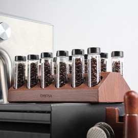 DIBTSA Coffee Bean Cellars, 12 Single Dose Espresso Beans Storage Container Tubes with One-Way Exhaust Valve, Display Stand and Mini-hopper