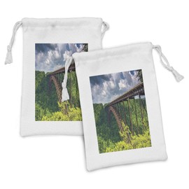 Lunarable USA Fabric Pouch Set of 2, New River Gorge Bridge, Seen from Canyon Rim Visitor Center Overlook, Small Drawstring Bag for Toiletries Masks and Favors, 9" x 6", Forest Green Mauve