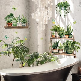 Potted Green Plant Shelf Wall Stickers, sacinora Greenery DIY Wall Decals Removable Vinyl Peel and Stick for Bedroom Bathroom Study Room Nursery Kitchen Art Home Decorations