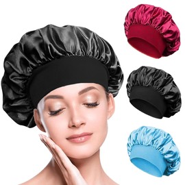 BIZBUY 3 Pack Satin Bonnet, Hair Bonnet for Sleeping, Night Hair Sleeping Caps with Wide Elastic Band, Silk Bonnet is Suitable for Long and Curly Hair