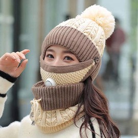 3pcs/Set Fashion Women Winter Knitted Hat Thickened Woolen Cap with Warm Mask and Neck Scarf (Beige2)