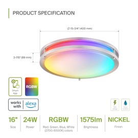 ASD LED 16 Inch Round Flush Mount Light Fixture | 24W 1575LM RGB-2700K-6500K 120V | Smart, Multicolor, Dimmable, ETL Listed | Close to Ceiling Double Ring Lamp, Low Profile Lighting | Nickel, 2 Pack