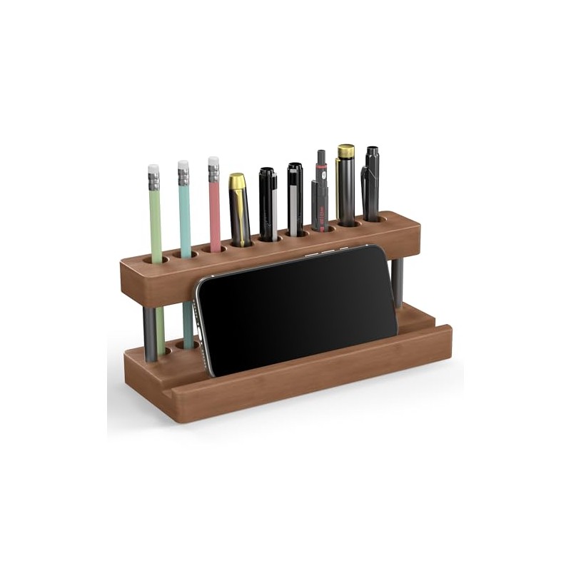 Elegant Solid Wood Pen Holder with Phone Compartment