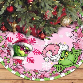 Christmas Tree Skirt 48 Inches Pink Christmas Decoration Round Winter Snowflake Tree Skirts Green Haired Monster Xmas Tree Mat Farmhouse Christmas Ornament for Holiday Party Home Decor Supplies
