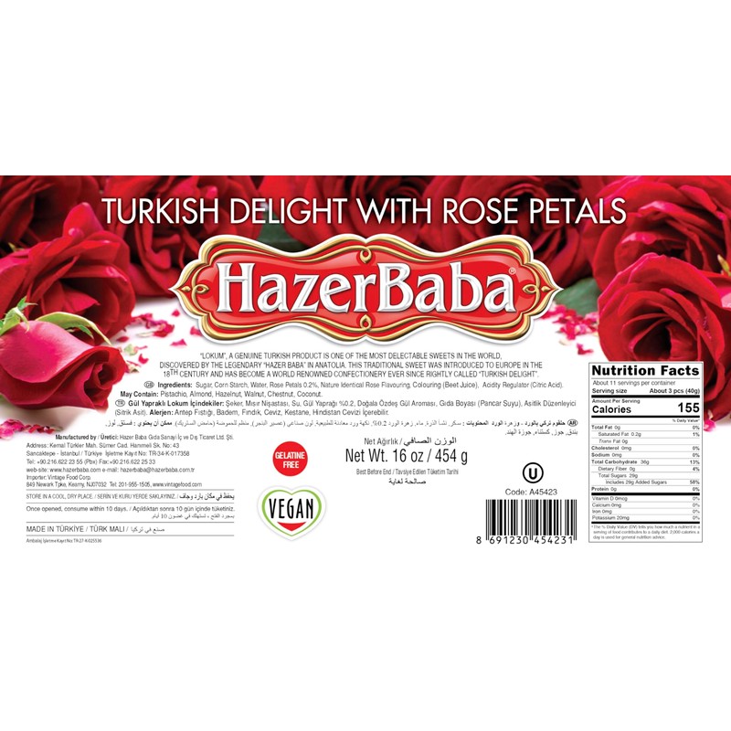 Hazer Baba Turkish Delight Candy with Rose Petals, Gourmet Snack