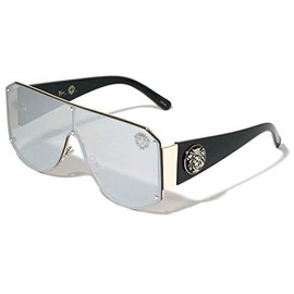 Kleo Oversized Shield One piece Lens Lion Head Medallion Luxury Sunglasses (Black & Gold Frame, Silver Mirror Lens)