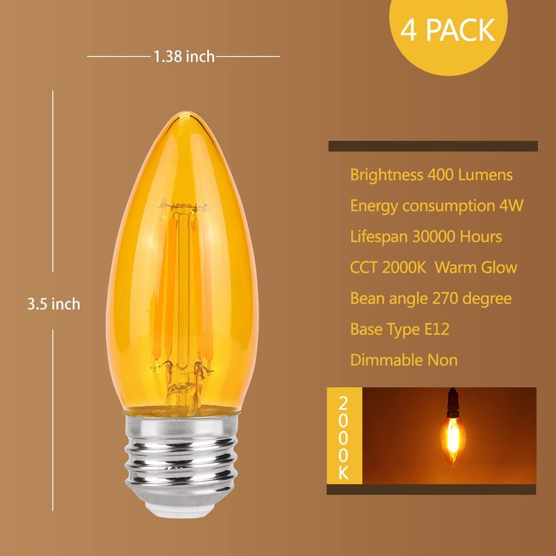 KINUR E26 Small dim Amber LED Edison Light Bulbs, Candelabra