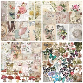 Wavamawa Vintage Scrapbook Stickers and Washi Set (260PCS) for Journals, Planners, DIY Supplies - Botanical Cottagecore Collage Album with Floral Retro Ephemera (Forest Style)